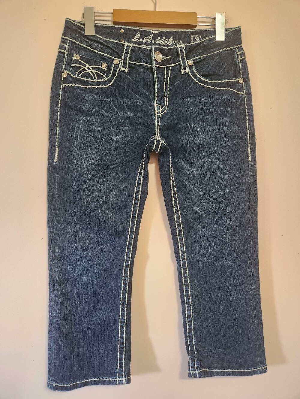 Vintage Y2K LA Idol Rhinestone Thick Stitch Flap Pocket Denim Capris 9